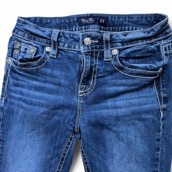 Miss Me Chloe Slim Boot Jeans Womens 27 Blue Embellished Pocket 32” Inseam - Picture 6 of 8